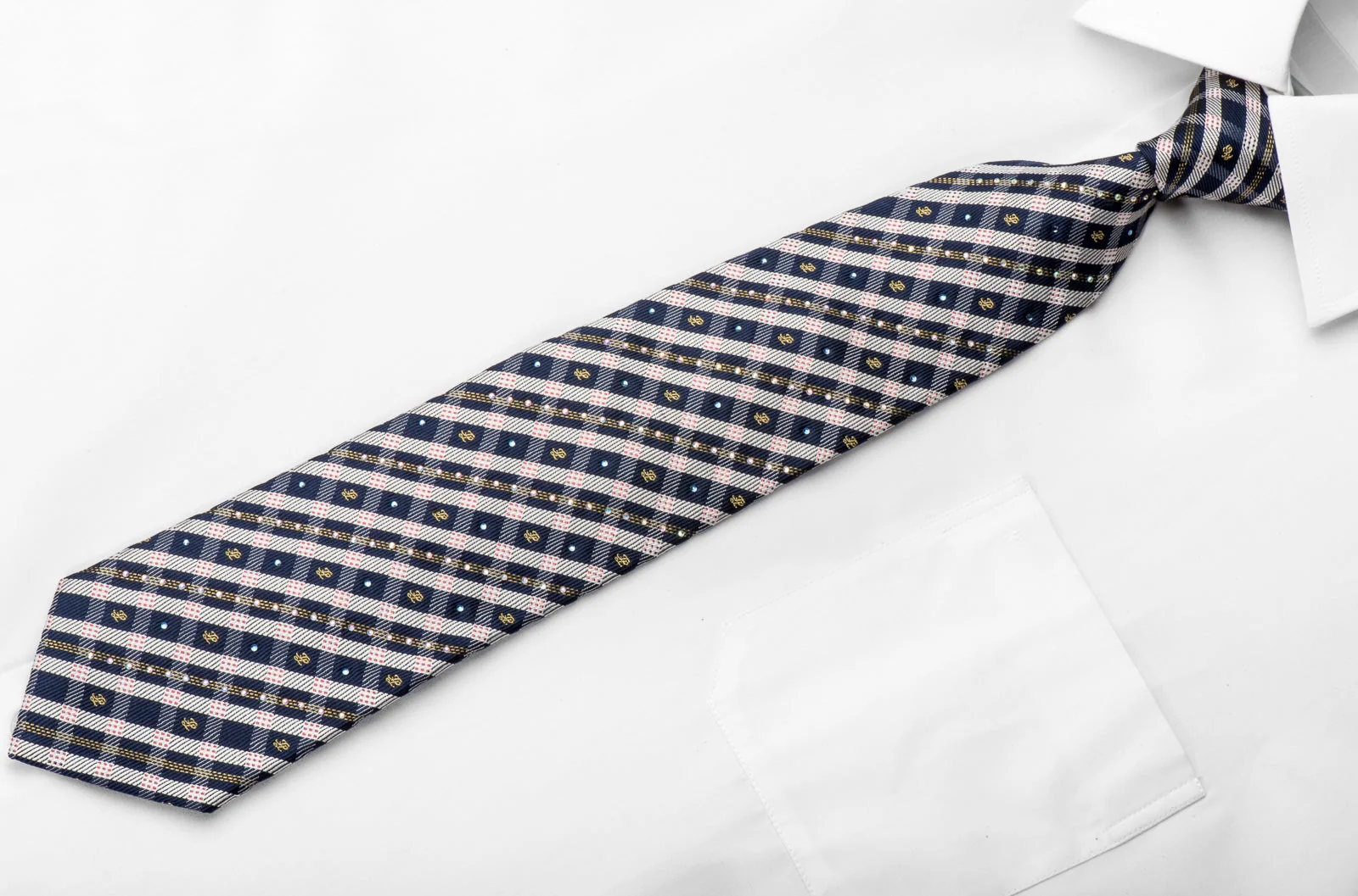 Indian Leaders Men's Silk Tie Blue Ivory Plaid Striped Sparkling With Rhinestones - Image 3