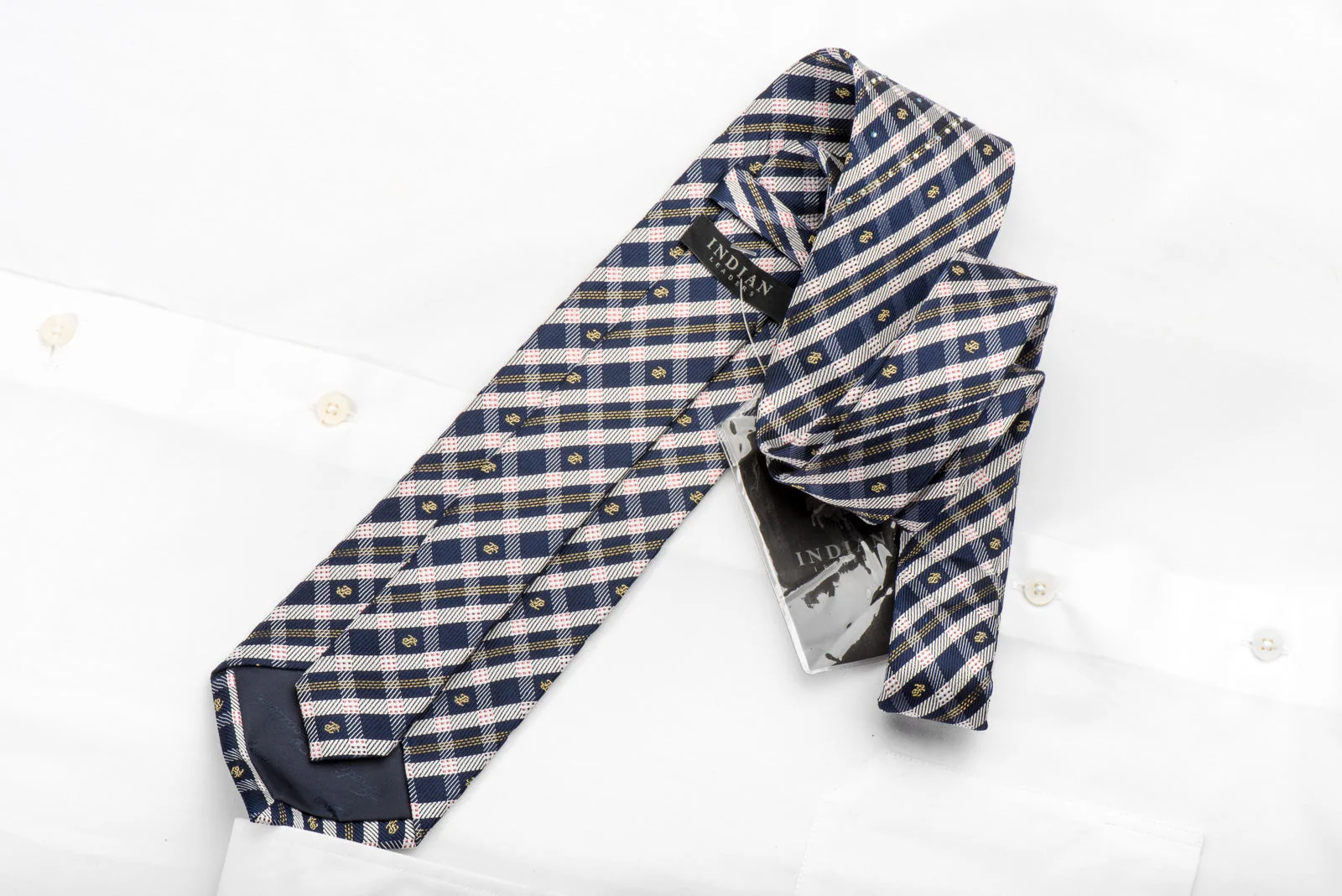Indian Leaders Men's Silk Tie Blue Ivory Plaid Striped Sparkling With Rhinestones - Image 4
