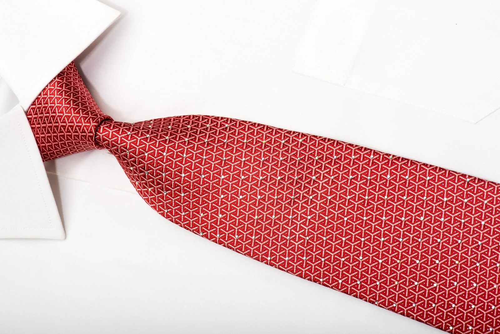 Indian Leaders Men's Silk Tie Trellis On Red Sparkling With Crystal Rhinestones - Image 3