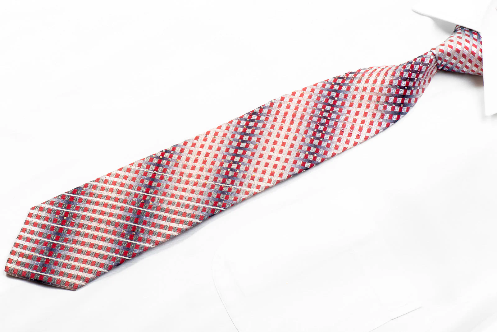 Indian Leaders Rhinestone Silk Necktie Burgundy Silver Geometric With Sparkles - Image 3