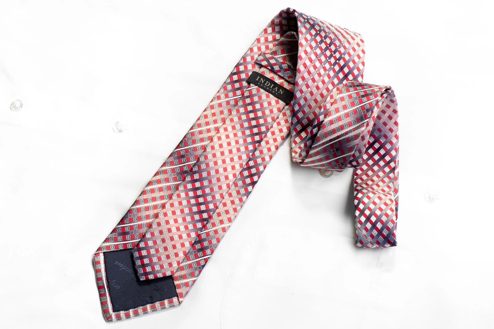 Indian Leaders Rhinestone Silk Necktie Burgundy Silver Geometric With Sparkles - Image 4