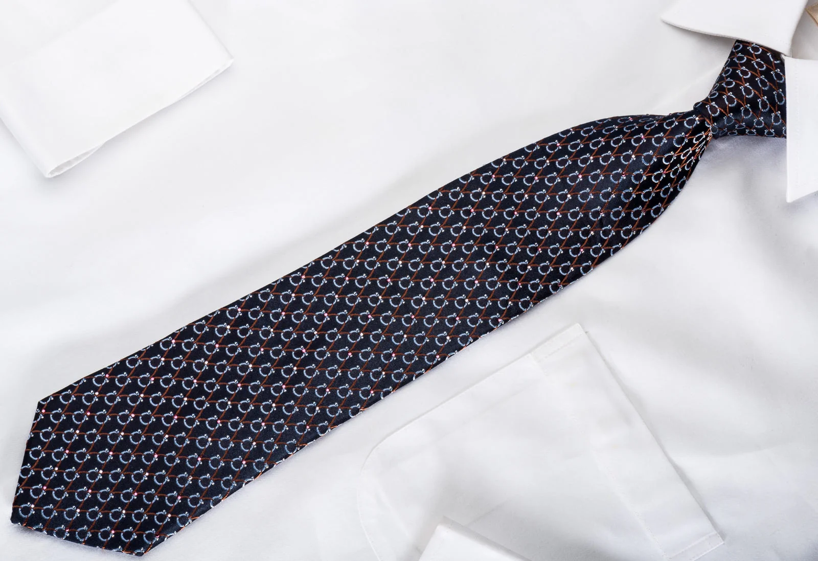 Indian Leaders Rhinestone Silk Necktie Horse Shoes On Navy With Silver Sparkles - Image 3