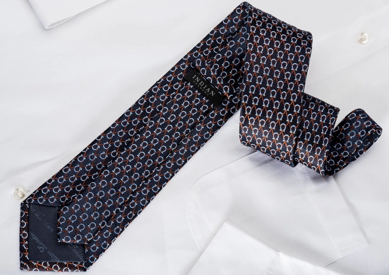 Indian Leaders Rhinestone Silk Necktie Horse Shoes On Navy With Silver Sparkles - Image 4