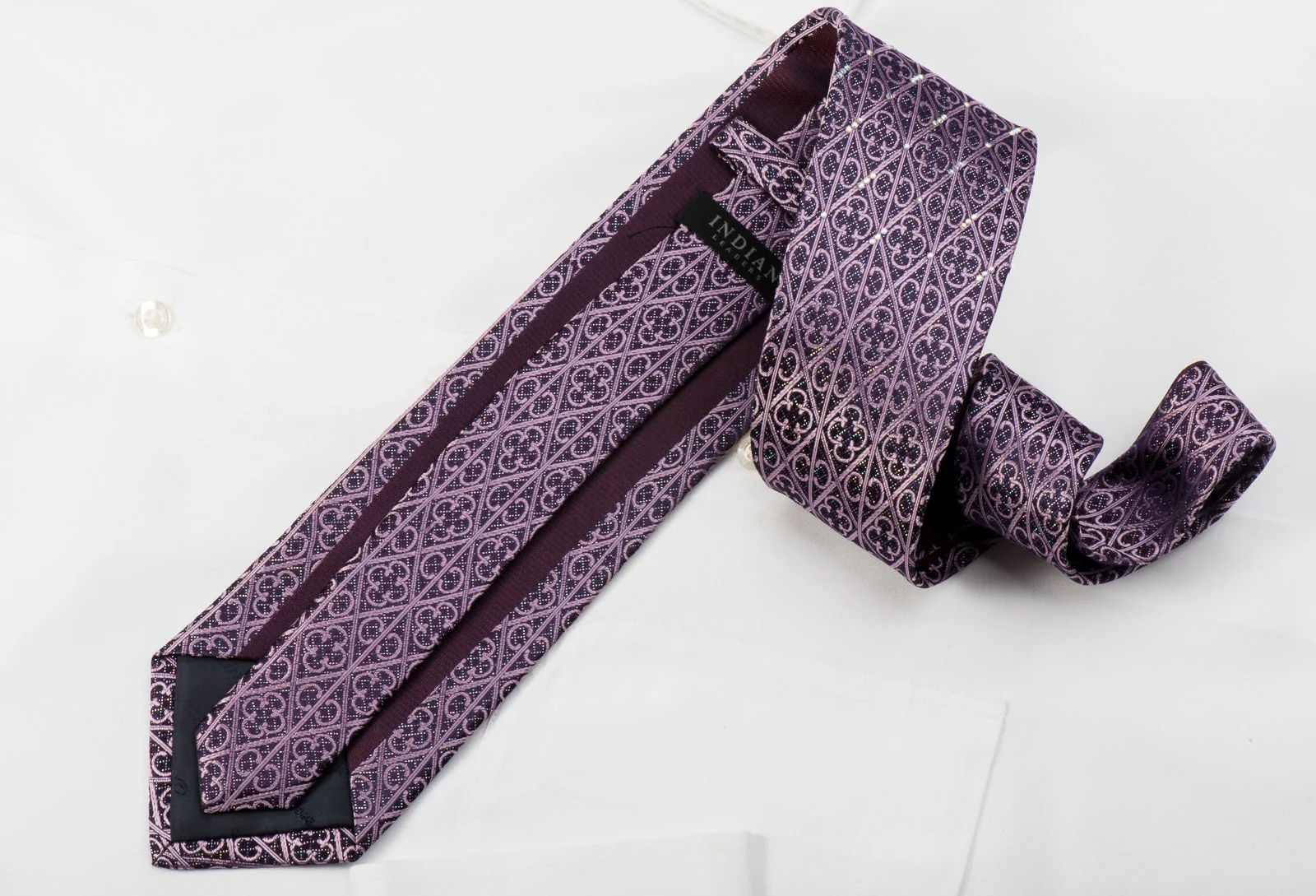 Indian Leaders Rhinestone Silk Tie Cartouche Trellis On Purple With Sparkles - Image 5