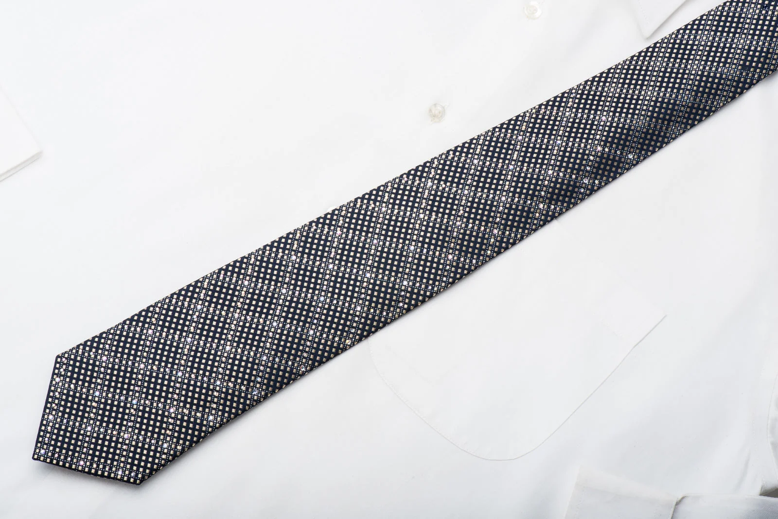 Indian Leaders Rhinestone Tie Gold Checker On Navy Silk With Silver Sparkles - Image 5