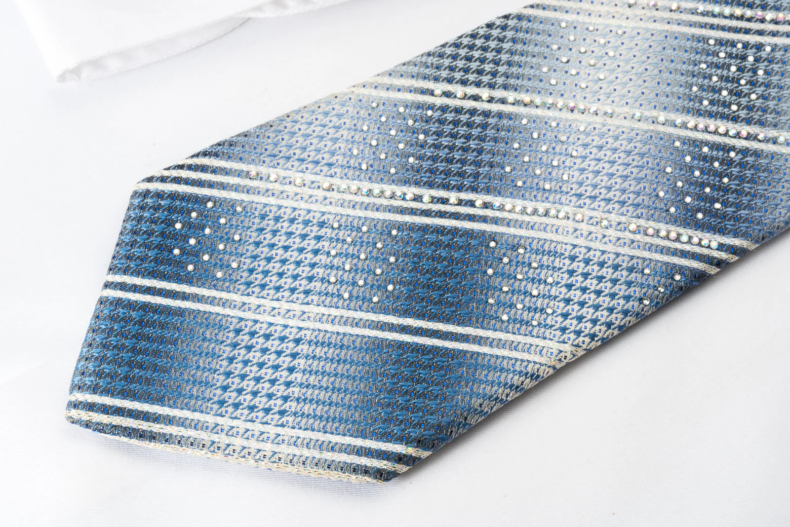 Indian Leaders Silk Tie Rhinestone Stripes On Blue Gray With Silver Sparkles - Image 2