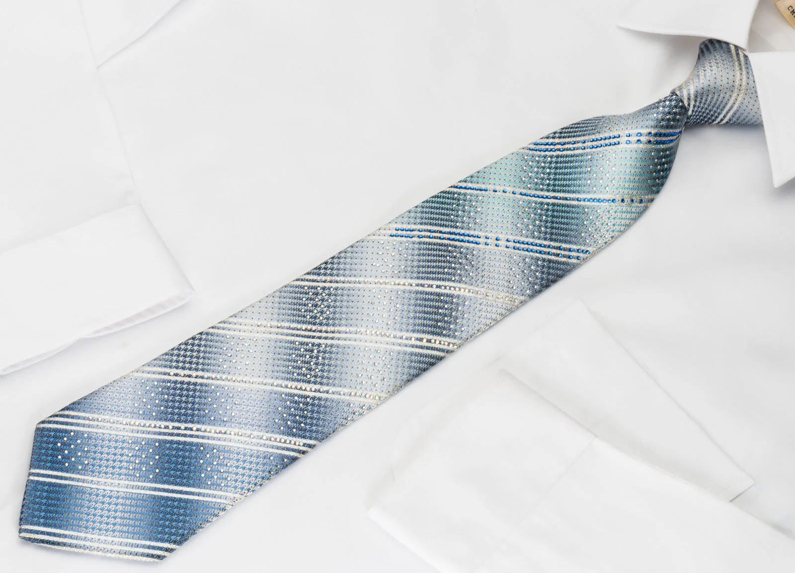 Indian Leaders Silk Tie Rhinestone Stripes On Blue Gray With Silver Sparkles - Image 3