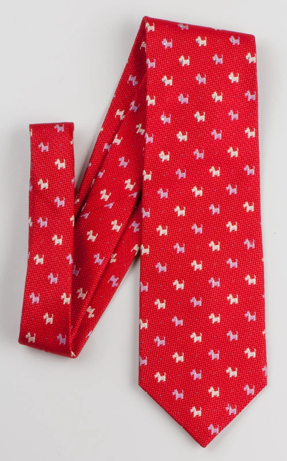 Intercrew Men's Woven Silk Neck Tie Mauve & White Scottie Dogs On Red With Rhinestones - Image 3