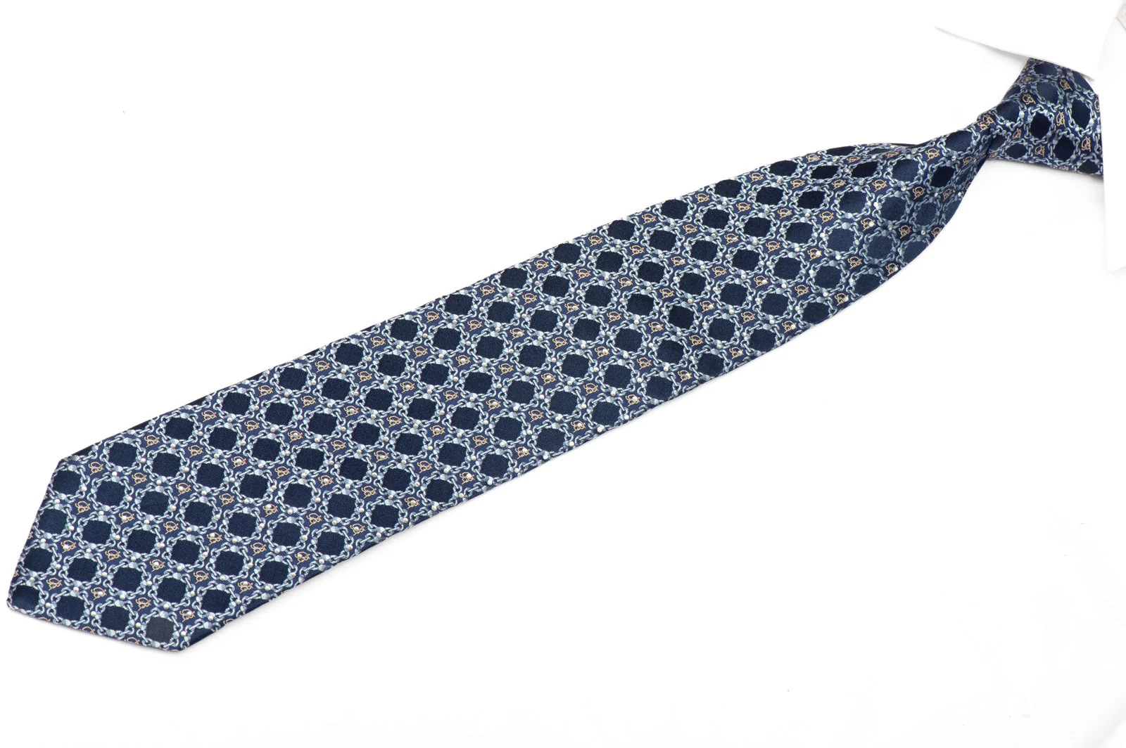 Interlocking Chains On Blue Rhinestone Silk Necktie - Image 2