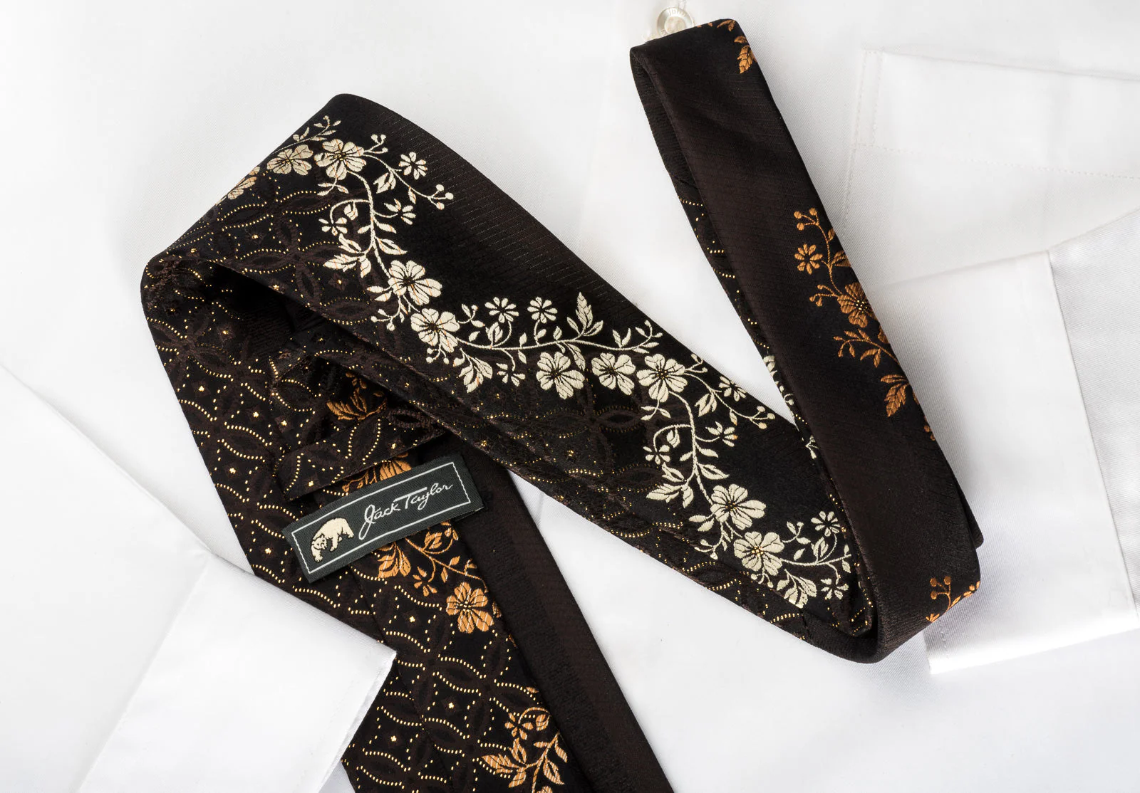 Jack Taylor Silk Rhinestone Necktie Golden Floral On Brown Black With Golden Sparkles - Image 3