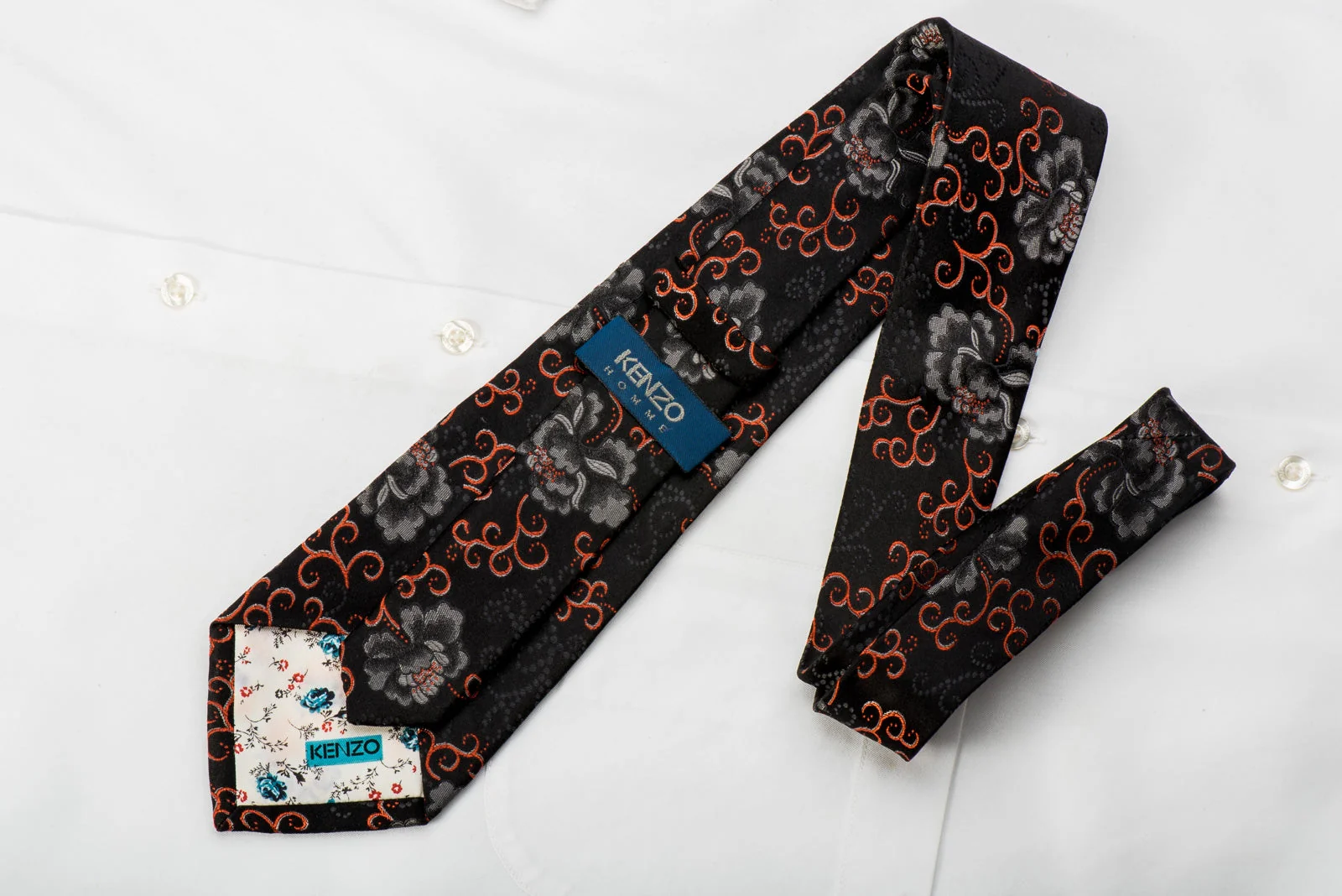 Kenzo Mens Woven Silk Tie Silver Orange Floral On Black - Image 4