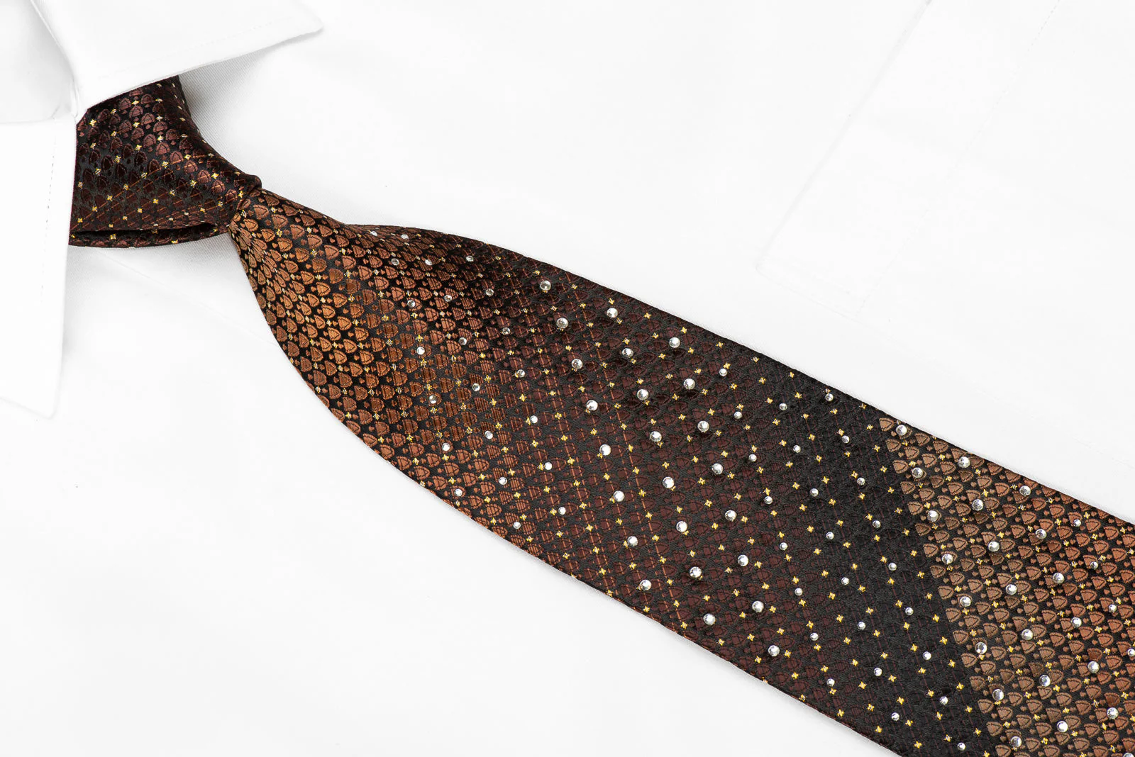 Kissa Men's Rhinestone Tie Brown Geometric On Black With Gold Sparkles - Image 2
