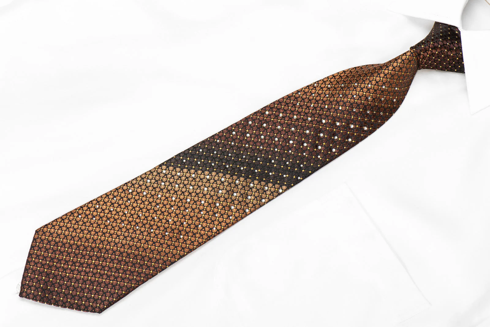 Kissa Men's Rhinestone Tie Brown Geometric On Black With Gold Sparkles - Image 3