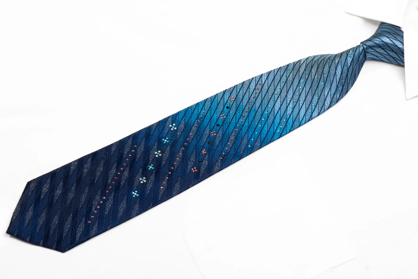 Kissa Rhinestone Silk Necktie Geometric On Blue With Sparkles - Image 3