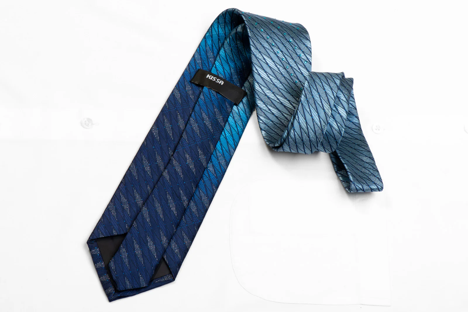 Kissa Rhinestone Silk Necktie Geometric On Blue With Sparkles - Image 4