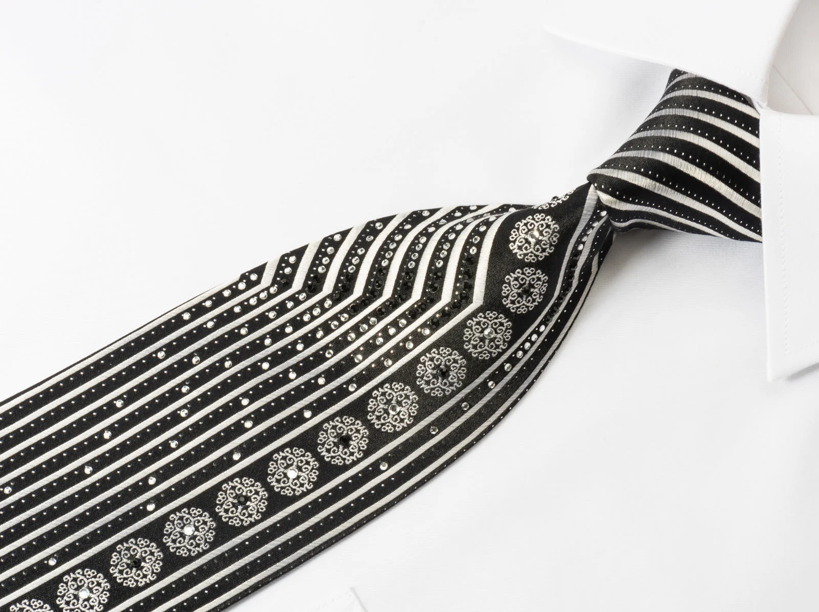 Klaus Raam Mens Silk Rhinestone Necktie Silver Black Striped With Silver Sparkles - Image 3