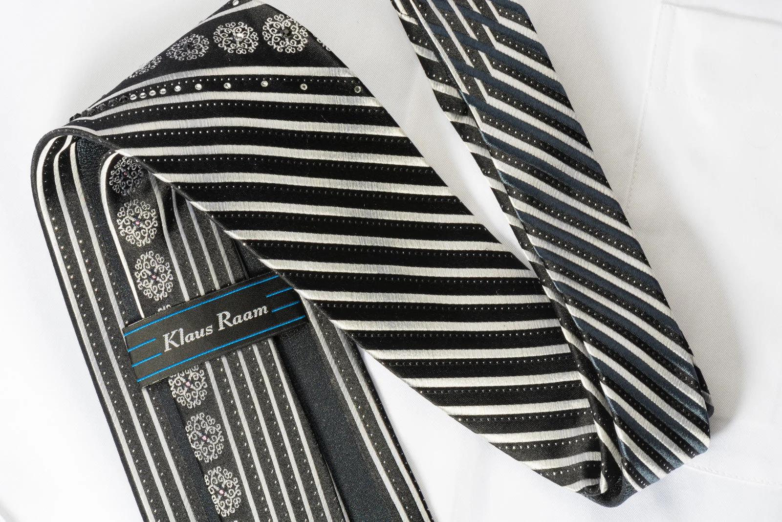 Klaus Raam Mens Silk Rhinestone Necktie Silver Black Striped With Silver Sparkles - Image 4