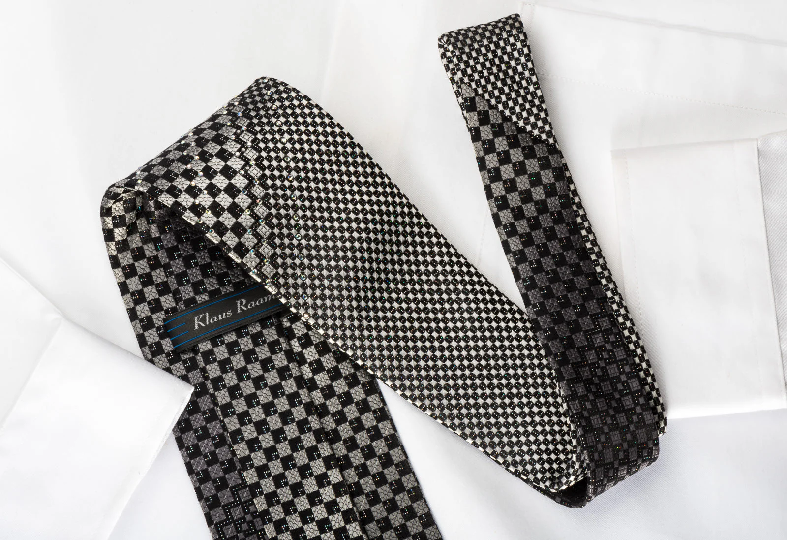 Klaus Raam Rhinestone Silk Necktie Silver Black Checkered With Silver Sparkles - Image 3