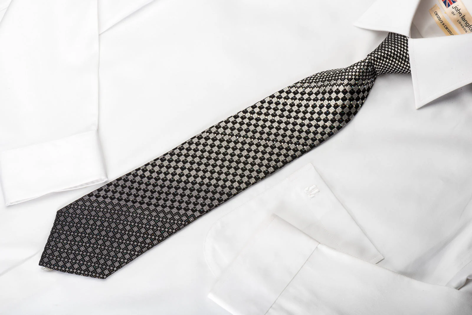 Klaus Raam Rhinestone Silk Necktie Silver Black Checkered With Silver Sparkles - Image 4