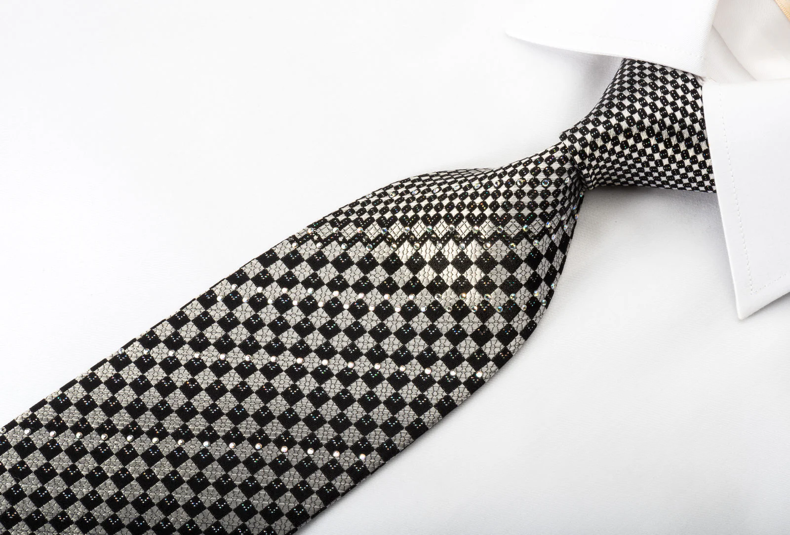 Klaus Raam Rhinestone Silk Necktie Silver Black Checkered With Silver Sparkles - Image 5