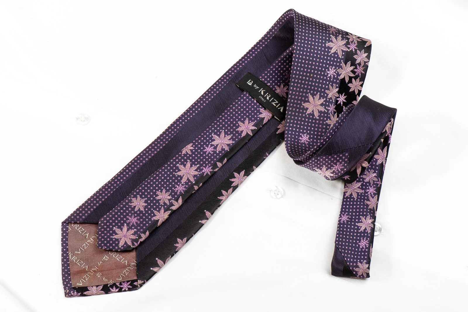 Krizia Mens Crystal Silk Necktie Floral On Purple With Silver Sparkles - Image 4