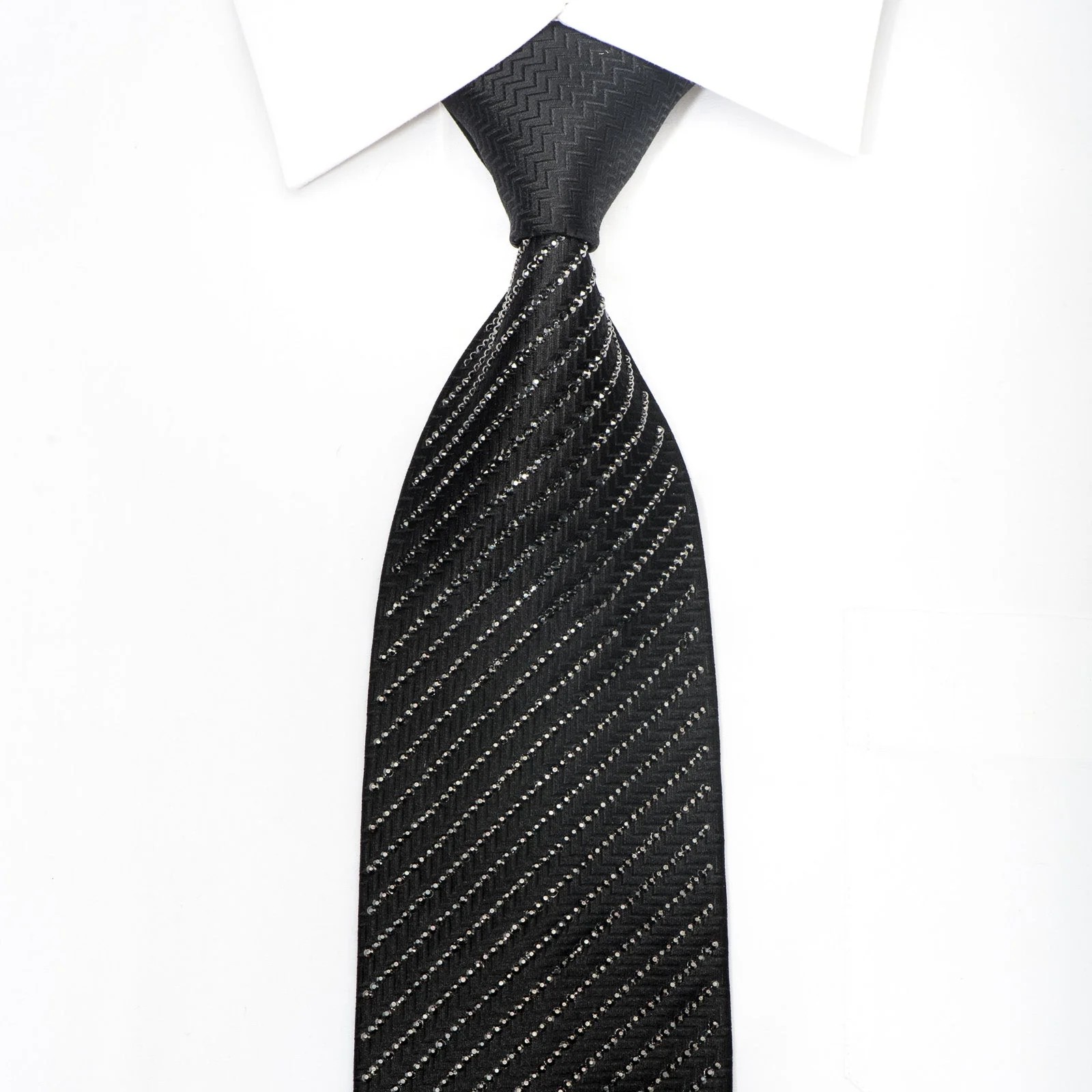 Lalanta Black Silk Sparkle Crystal Tie with Black Rhinestone Stripes - Image 3