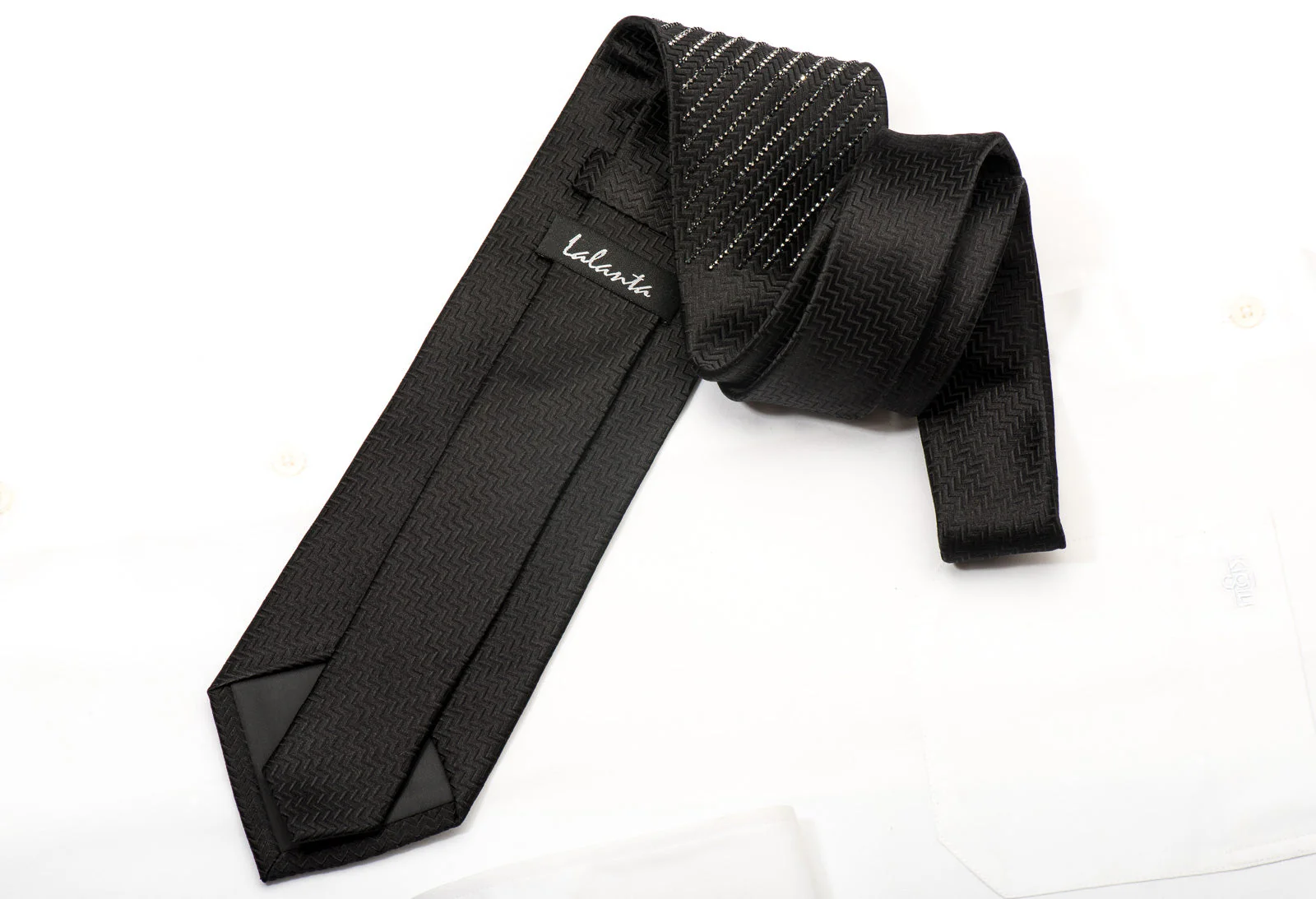 Lalanta Black Silk Sparkle Crystal Tie with Black Rhinestone Stripes - Image 4
