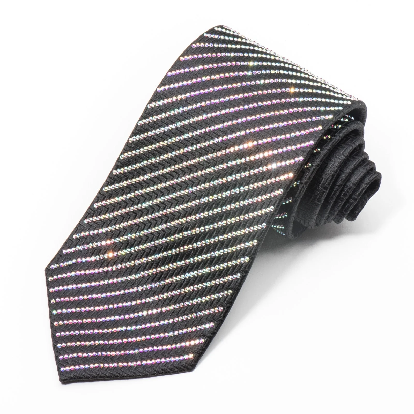 Lalanta Men's Black Bling Rhinestone Necktie Sparkling With Striped Crystal AB Rhinestones - Image 10