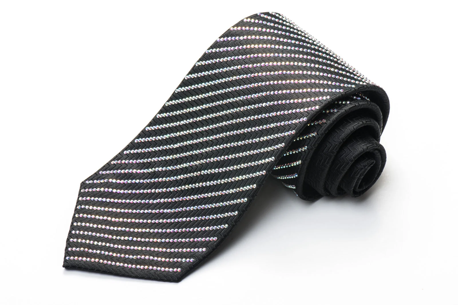 Lalanta Men's Black Bling Rhinestone Necktie Sparkling With Striped Crystal AB Rhinestones - Image 11