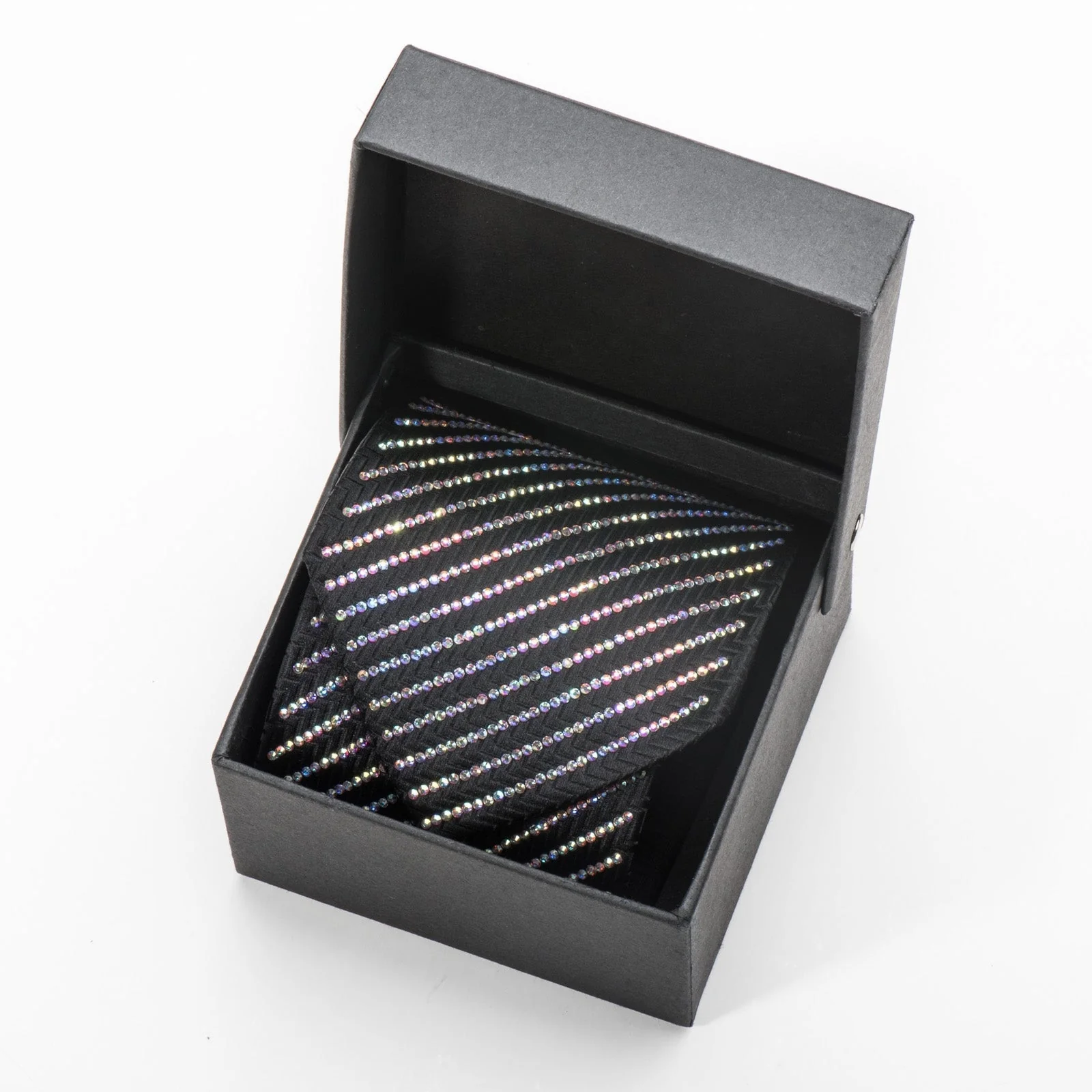 Lalanta Men's Black Bling Rhinestone Necktie Sparkling With Striped Crystal AB Rhinestones - Image 12