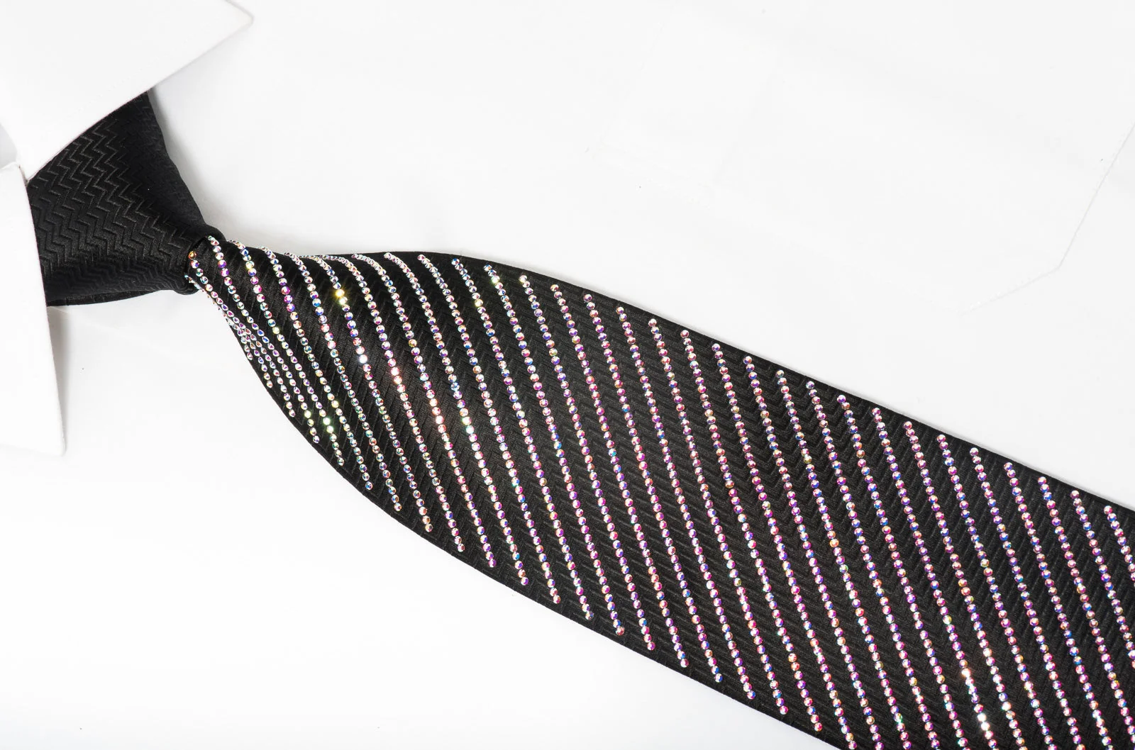 Lalanta Men's Black Bling Rhinestone Necktie Sparkling With Striped Crystal AB Rhinestones - Image 4
