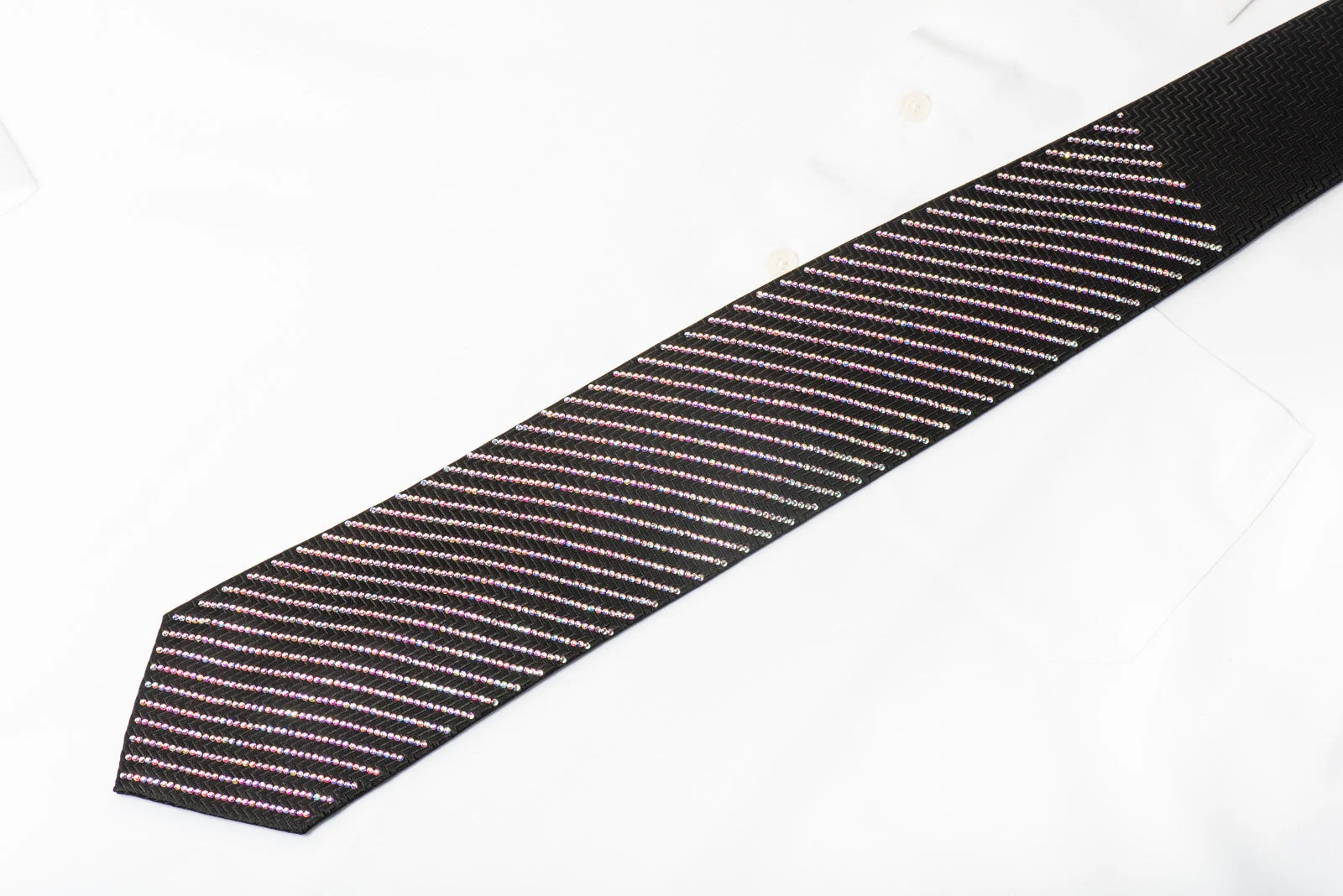 Lalanta Men's Black Bling Rhinestone Necktie Sparkling With Striped Crystal AB Rhinestones - Image 5