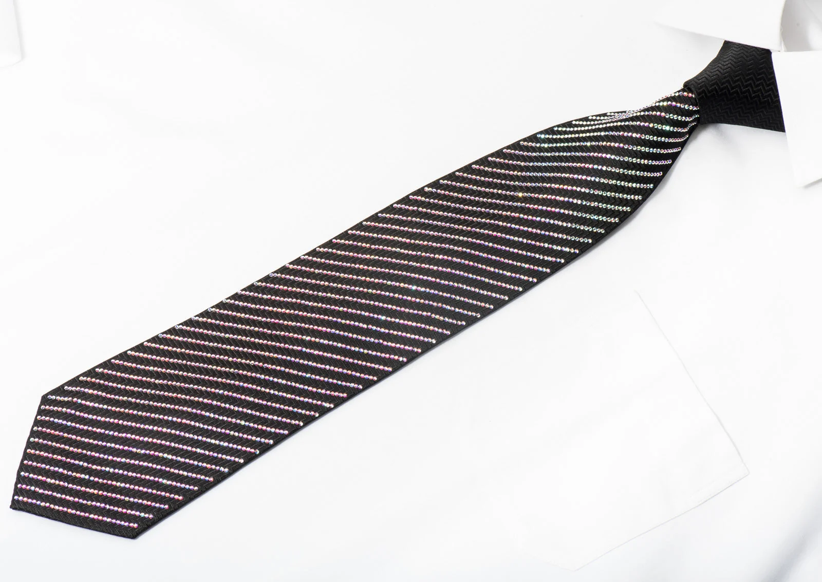Lalanta Men's Black Bling Rhinestone Necktie Sparkling With Striped Crystal AB Rhinestones - Image 6