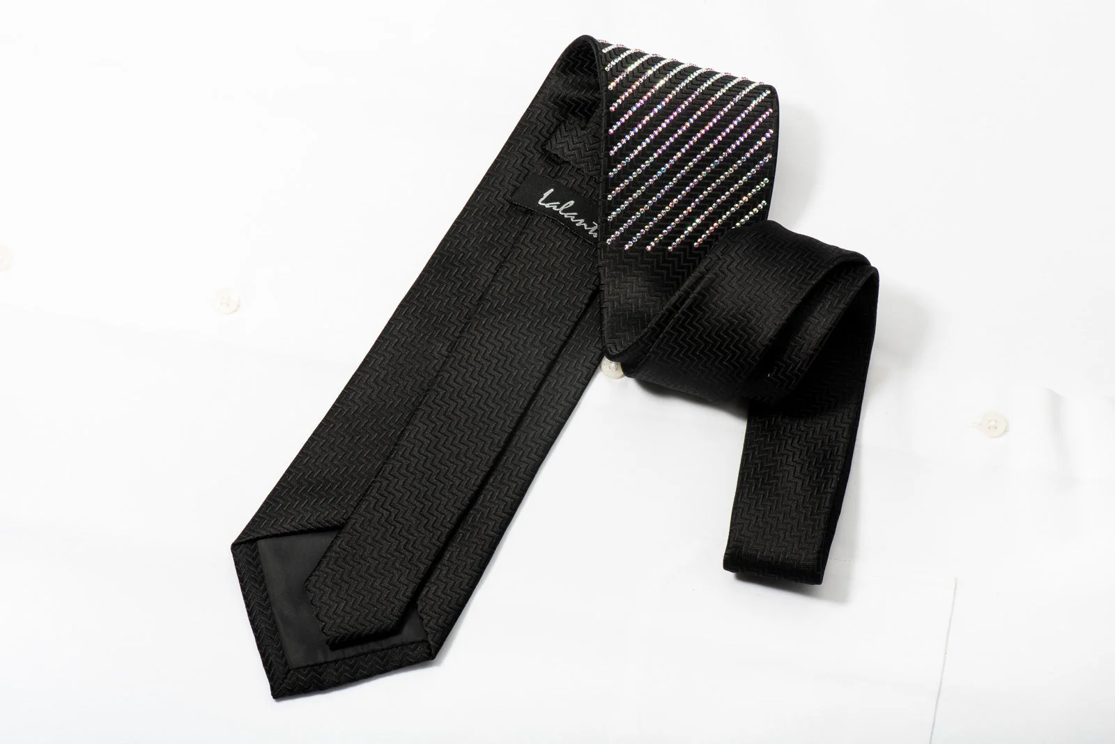 Lalanta Men's Black Bling Rhinestone Necktie Sparkling With Striped Crystal AB Rhinestones - Image 7