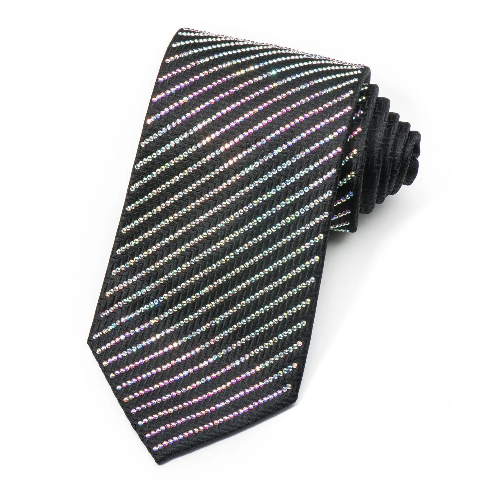 Lalanta Men's Black Bling Rhinestone Necktie Sparkling With Striped Crystal AB Rhinestones - Image 8