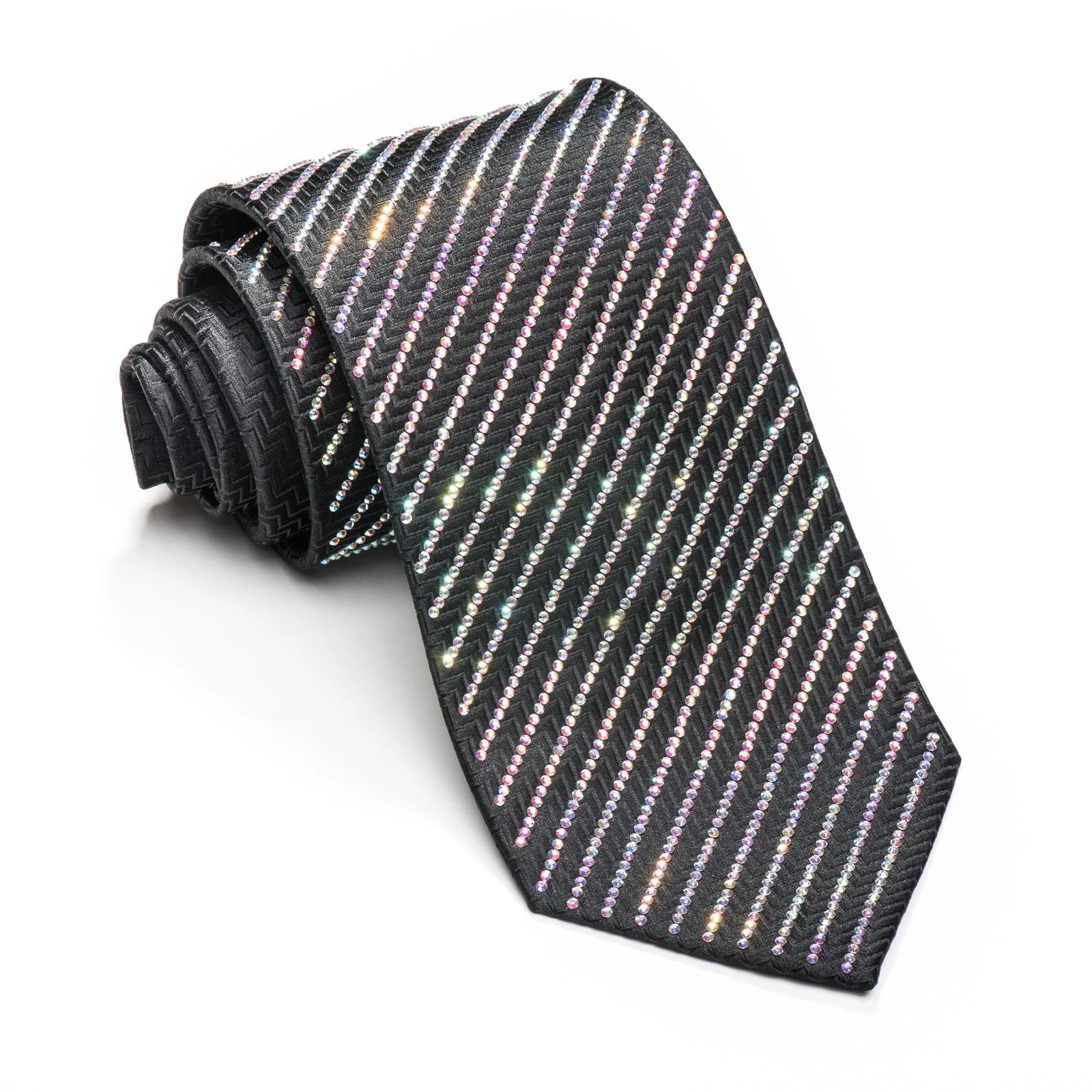 Lalanta Men's Black Bling Rhinestone Necktie Sparkling With Striped Crystal AB Rhinestones - Image 9