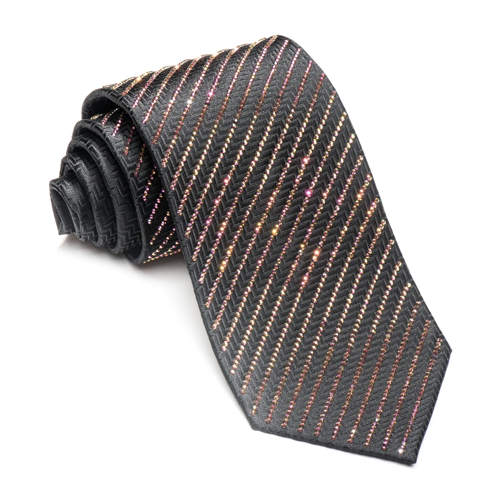 Lalanta Men's Black Silk Necktie Purple Flare Striped Crystal Rhinestones On Black - Image 10