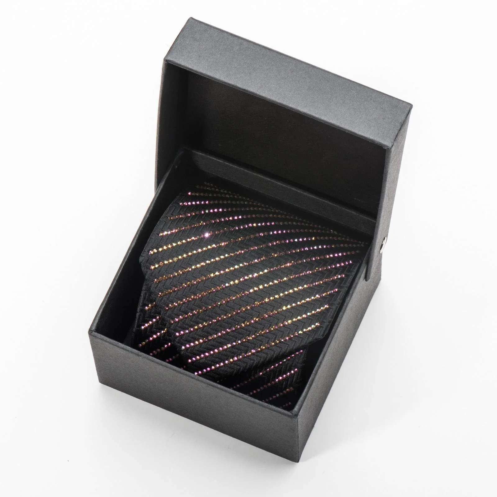 Lalanta Men's Black Silk Necktie Purple Flare Striped Crystal Rhinestones On Black - Image 12