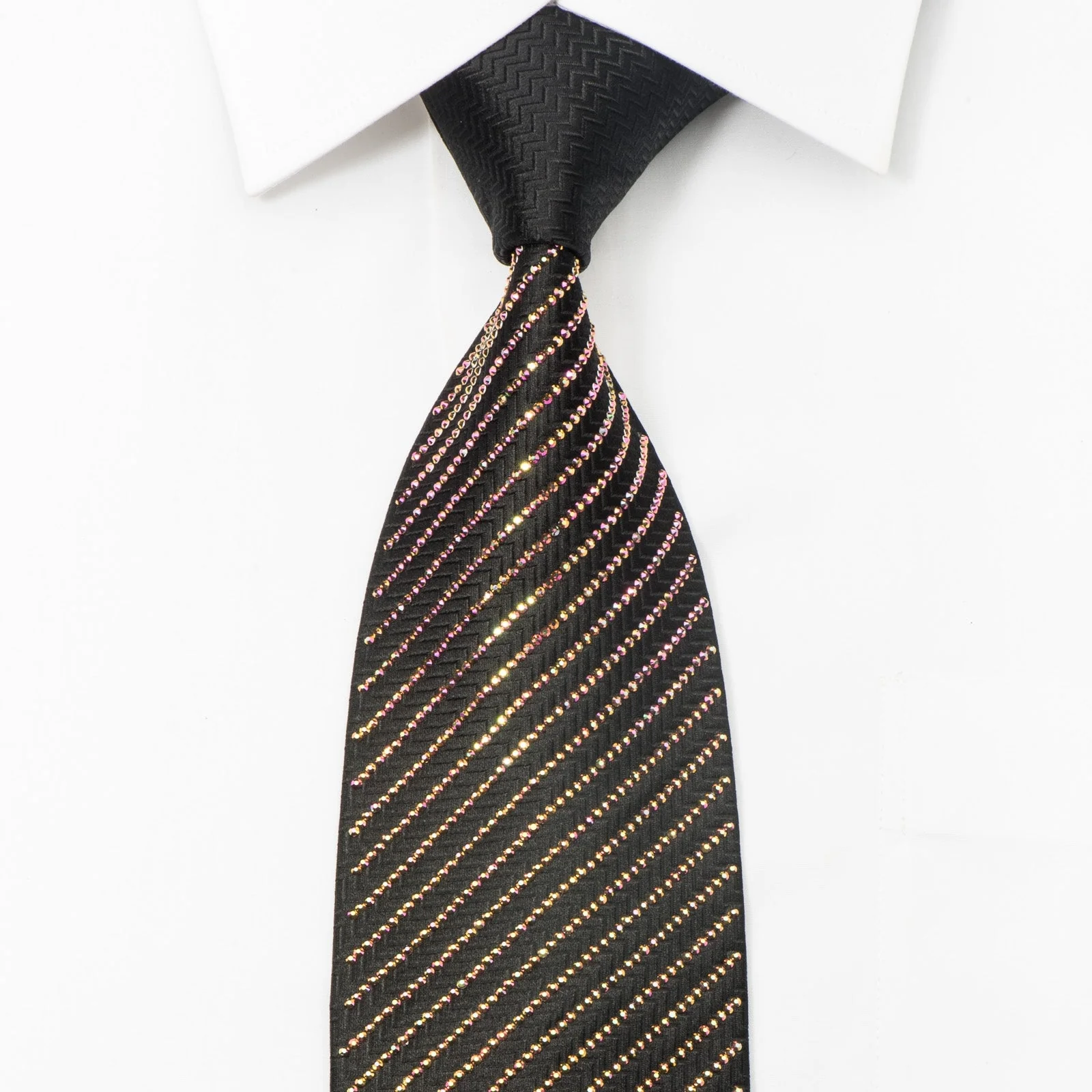 Lalanta Men's Black Silk Necktie Purple Flare Striped Crystal Rhinestones On Black - Image 3