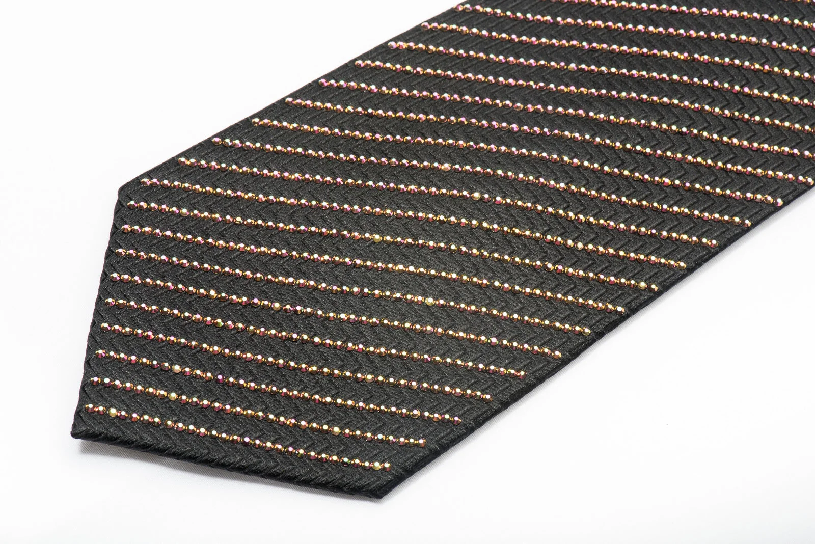 Lalanta Men's Black Silk Necktie Purple Flare Striped Crystal Rhinestones On Black - Image 4