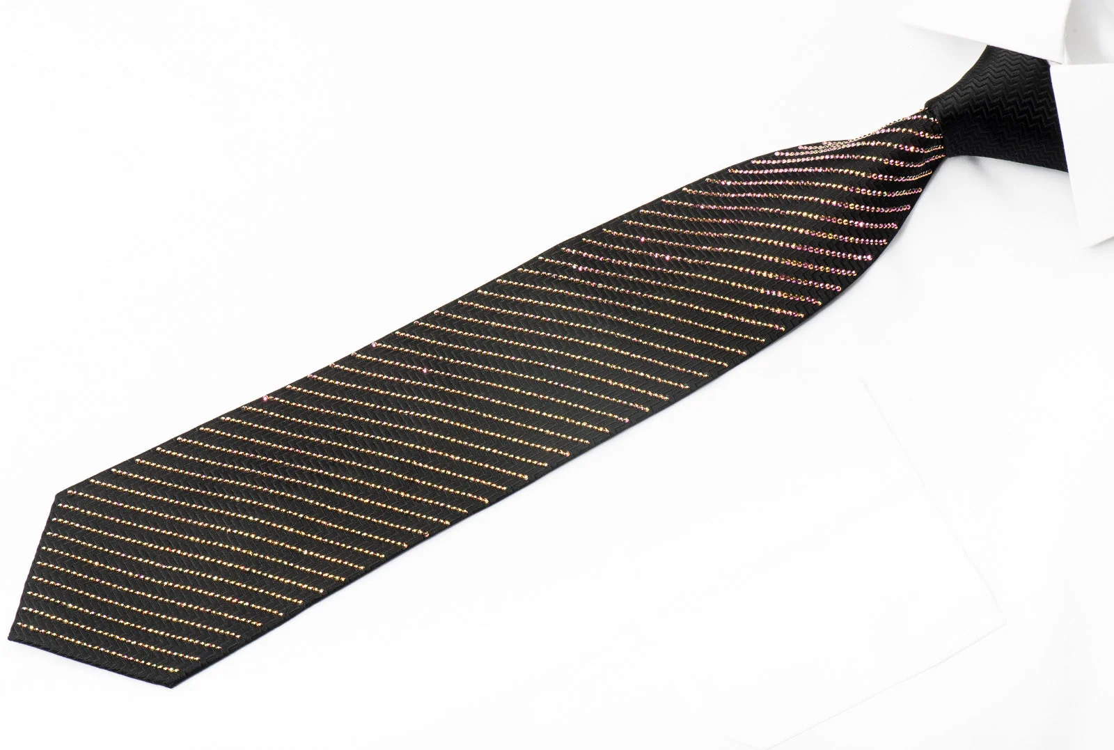 Lalanta Men's Black Silk Necktie Purple Flare Striped Crystal Rhinestones On Black - Image 5