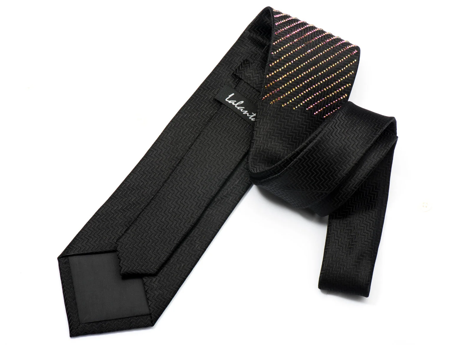 Lalanta Men's Black Silk Necktie Purple Flare Striped Crystal Rhinestones On Black - Image 7