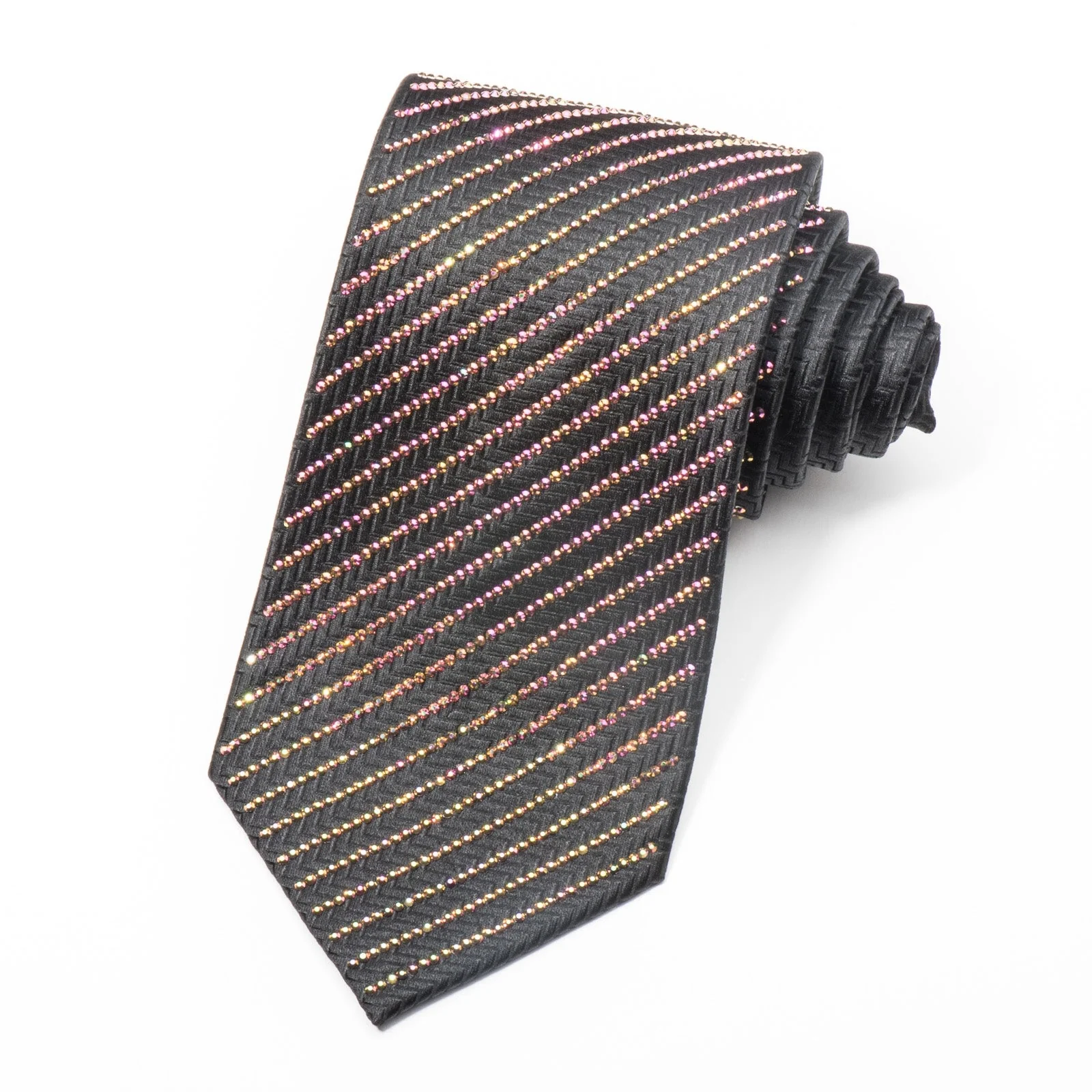 Lalanta Men's Black Silk Necktie Purple Flare Striped Crystal Rhinestones On Black - Image 8