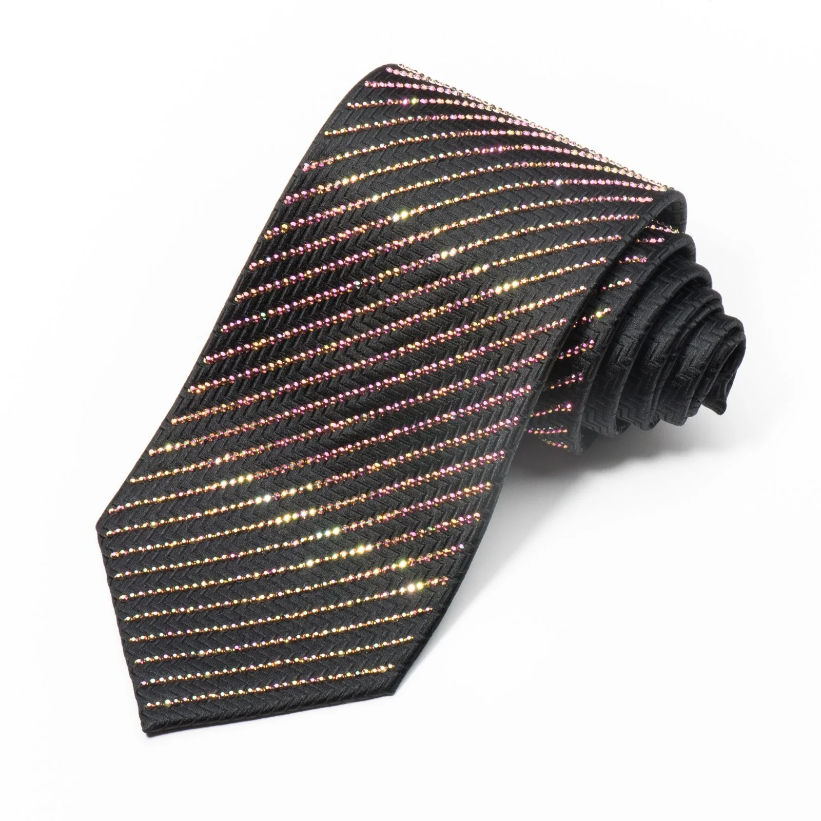 Lalanta Men's Black Silk Necktie Purple Flare Striped Crystal Rhinestones On Black - Image 9