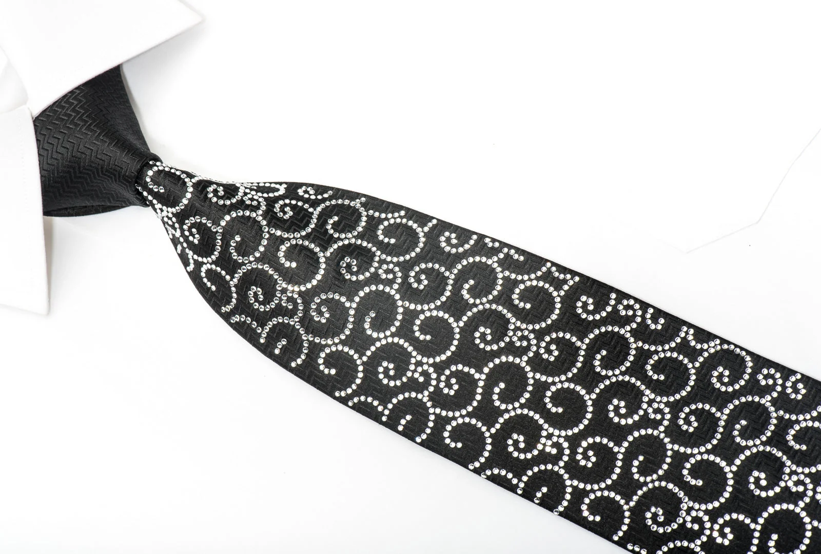 Lalanta Men's Black Silk Rhinestone Necktie Crystal Scrolls On Black - Image 3