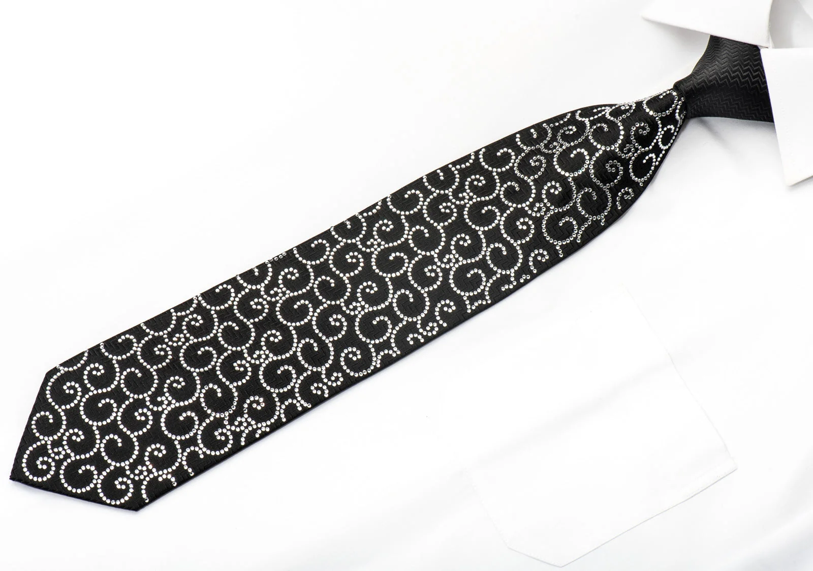 Lalanta Men's Black Silk Rhinestone Necktie Crystal Scrolls On Black - Image 4