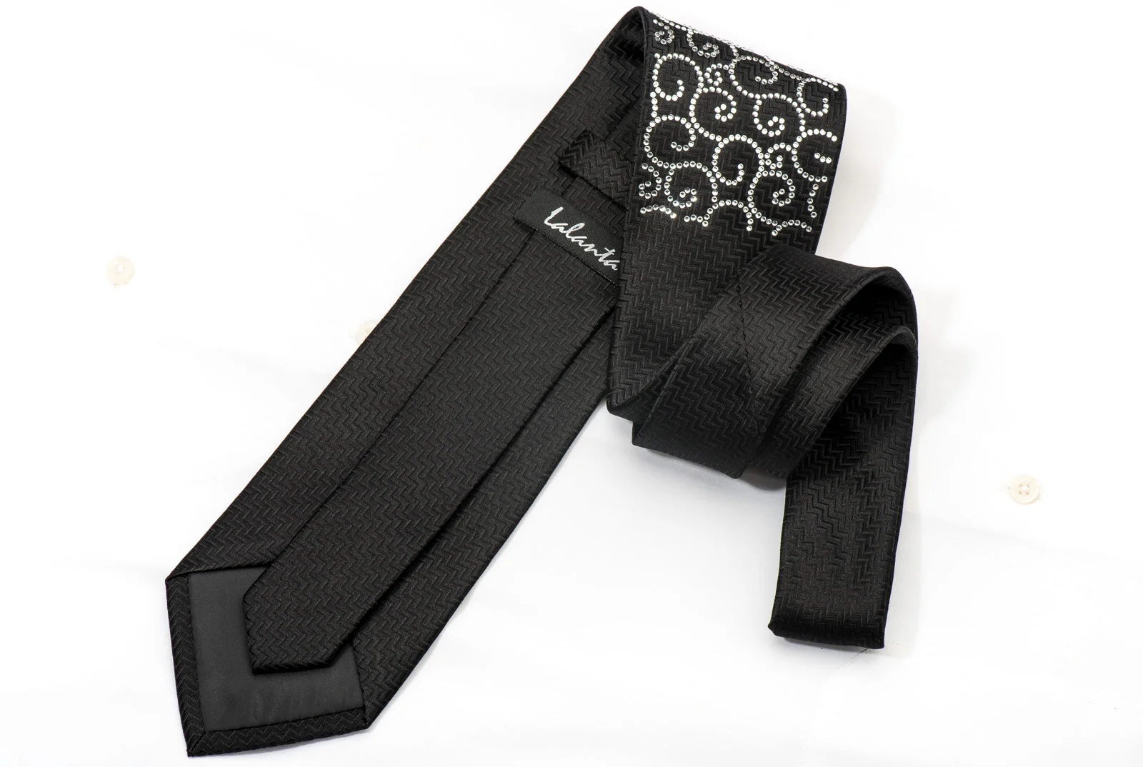Lalanta Men's Black Silk Rhinestone Necktie Crystal Scrolls On Black - Image 9