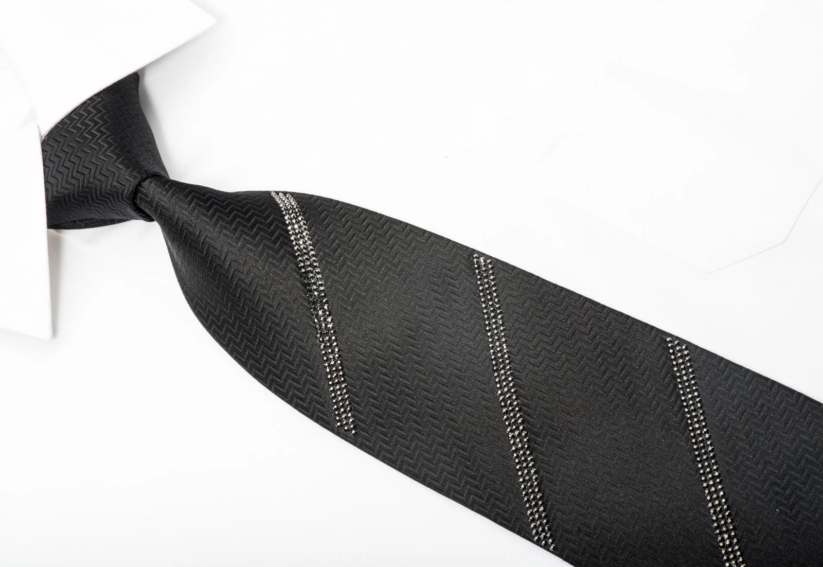 Lalanta Men's Black Silk Tie Striped Jet Black Rhinestones On Herringbone Silk - Image 4
