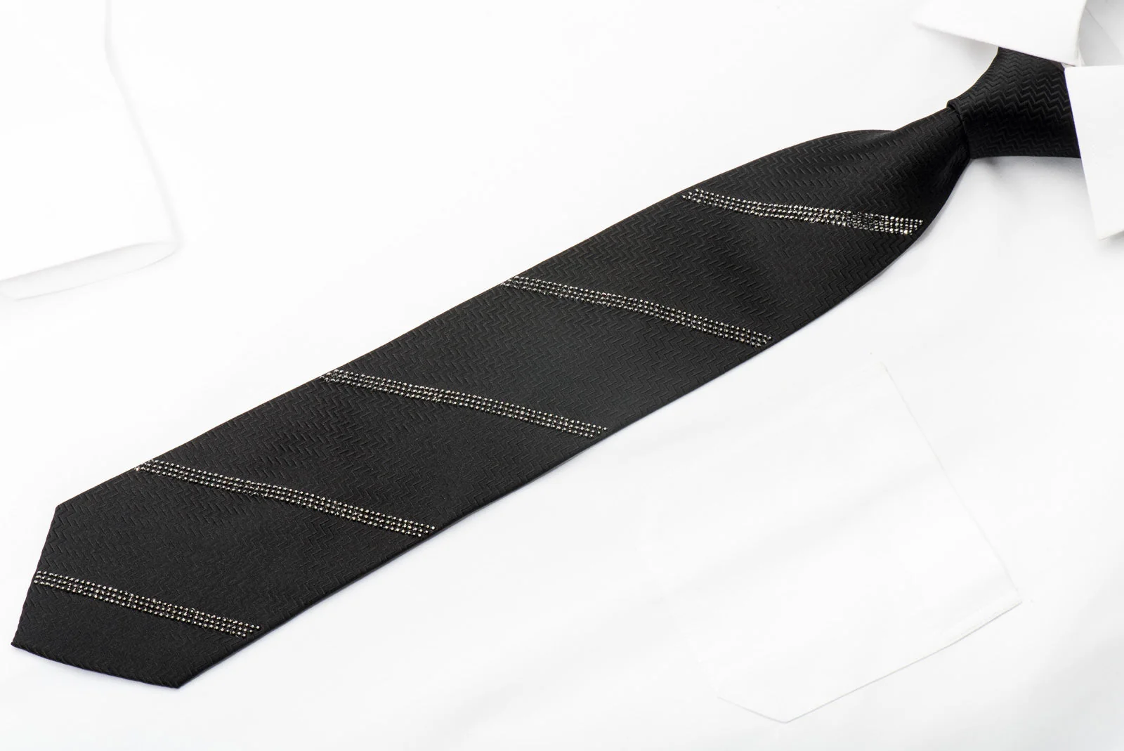 Lalanta Men's Black Silk Tie Striped Jet Black Rhinestones On Herringbone Silk - Image 7