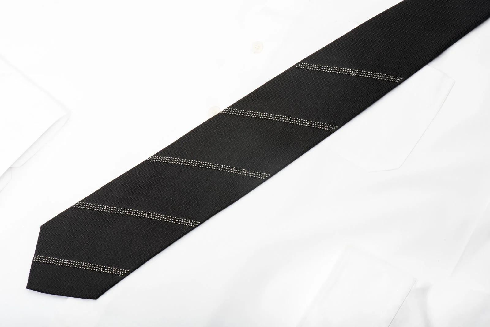 Lalanta Men's Black Silk Tie Striped Jet Black Rhinestones On Herringbone Silk - Image 8